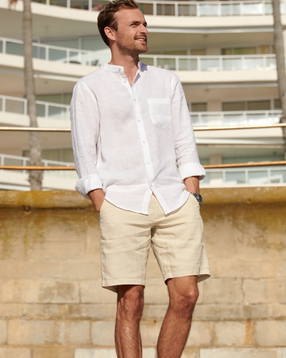 Camisa de linho com colarinho Nehru para homem