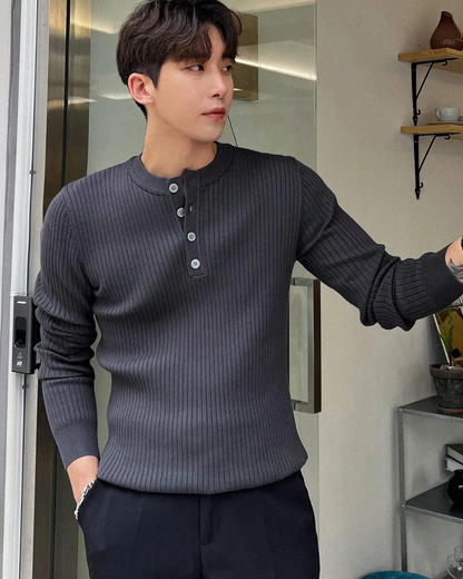 Camisola de malha para homem, manga comprida e gola redonda