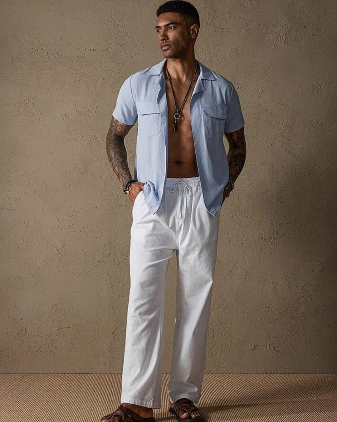 Calças de linho de corte reto para homem com cintura ajustável