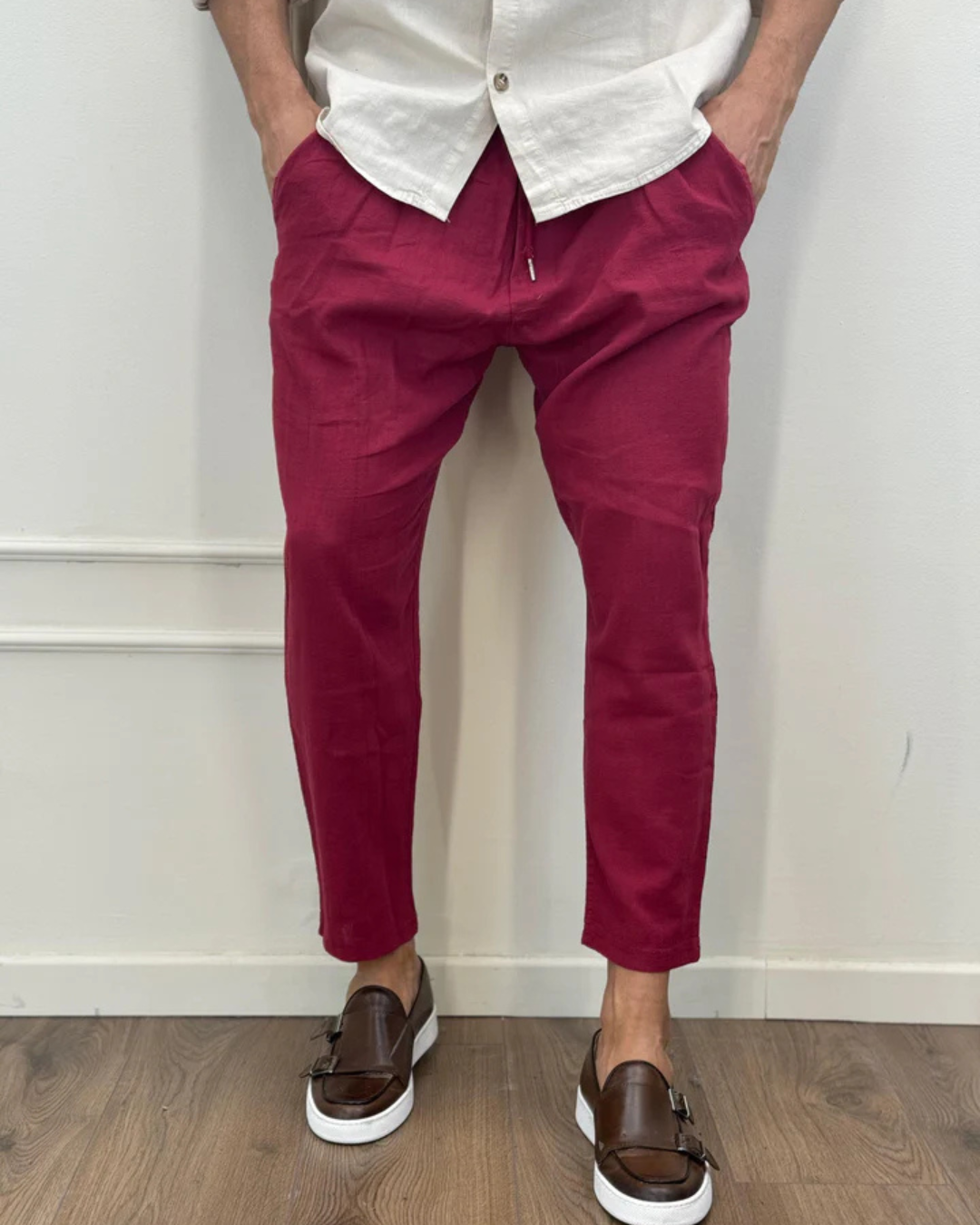 Conjunto de linho para homem com camisa de gola mao e calças jogger