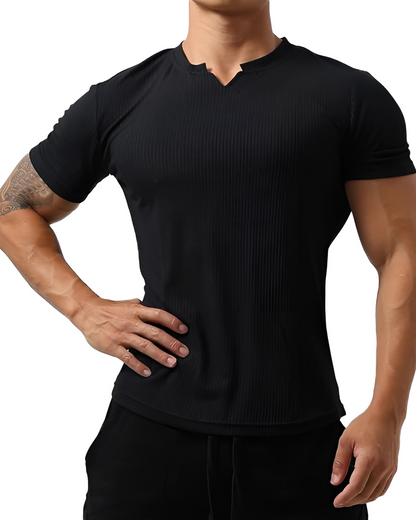 Camisola desportiva de manga curta, folgada, em algodão com decote em V, para homem