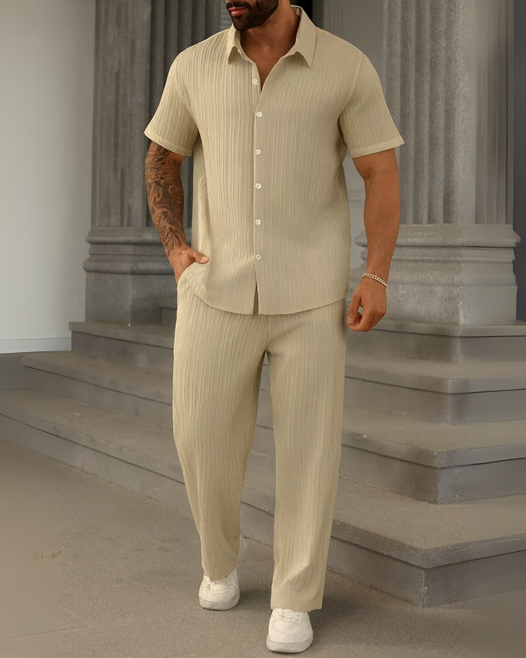 Conjunto de camisa casual e calças frescas para homem