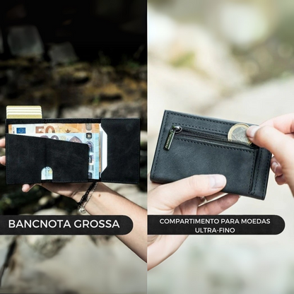 Carteira minimalista com proteção RFID e extração rápida de cartões