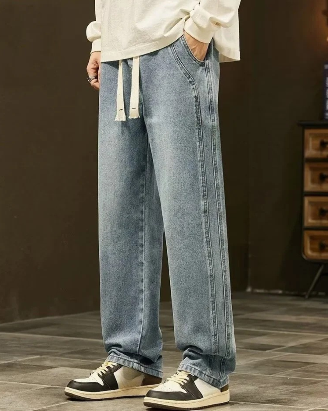 Calças de ganga rectas folgadas para homem