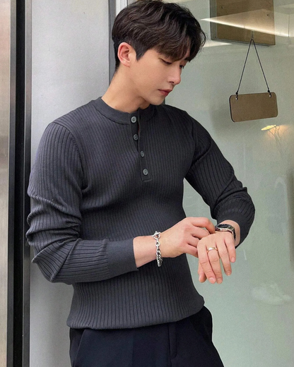 Camisola de malha para homem, manga comprida e gola redonda