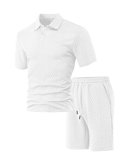 Conjunto de polo e calções em tecido respirável com textura para homem