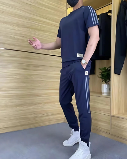 Conjunto de 2 peças para homem com camisola de manga curta e calças altamente elásticas