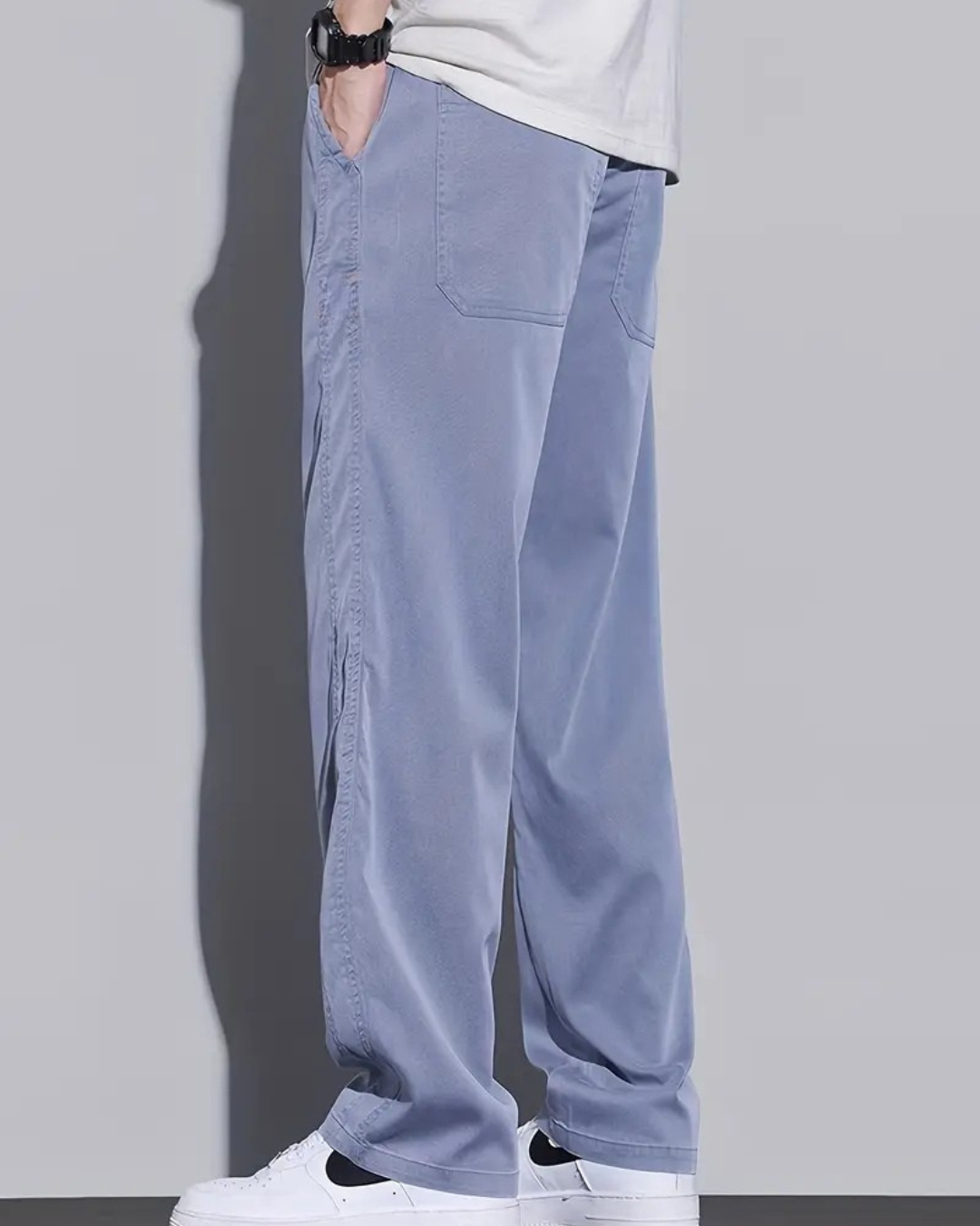 Calças casuais leves de perna larga para homem