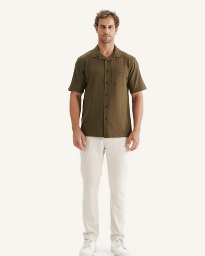 Camiseta de manga curta de linho com botões para homem