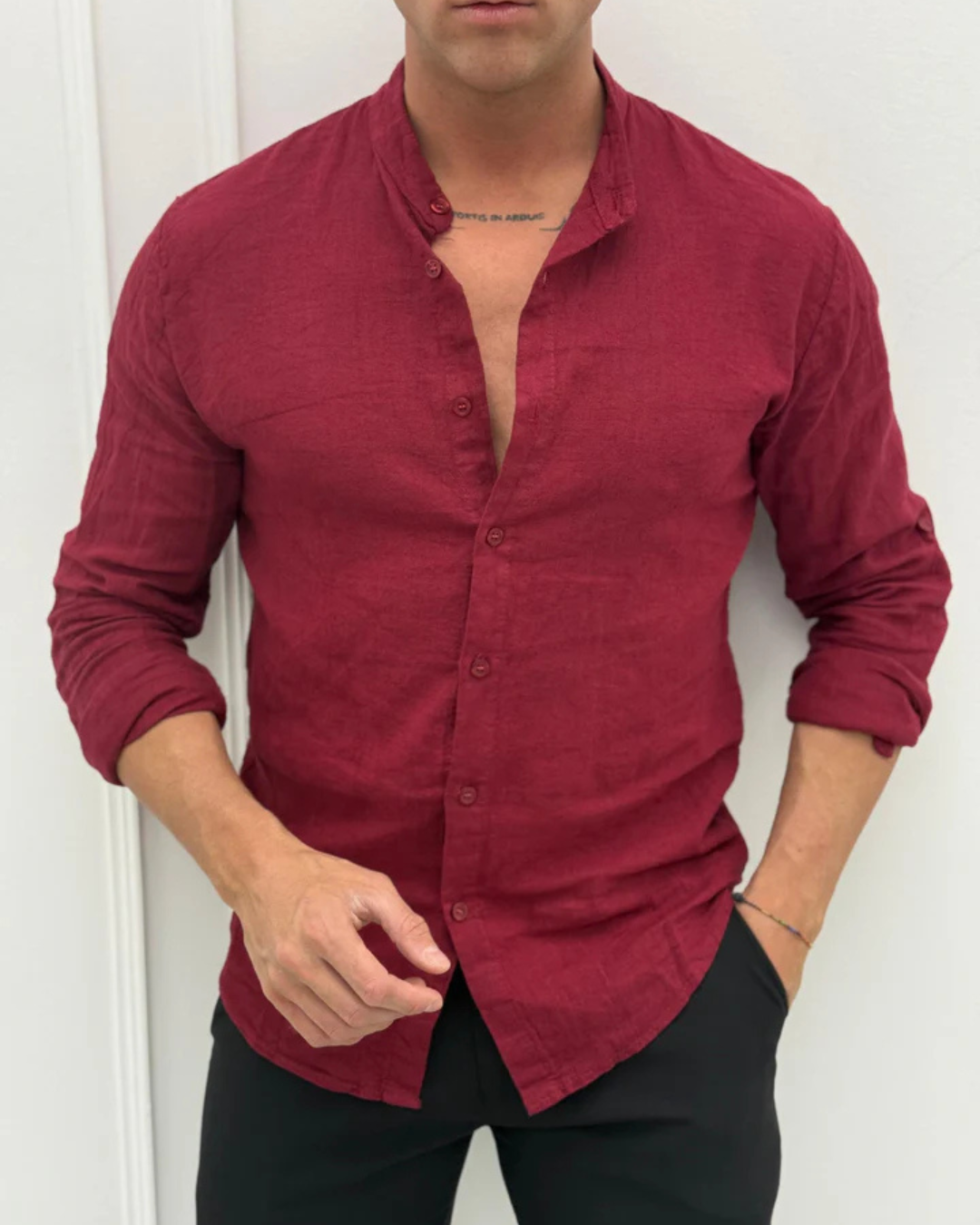 Conjunto de linho para homem com camisa de gola mao e calças jogger