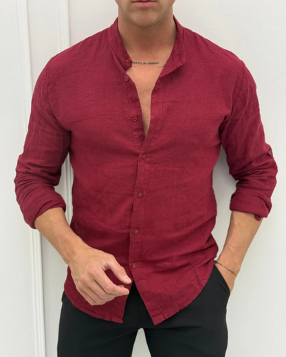 Conjunto de linho para homem com camisa de gola mao e calças jogger