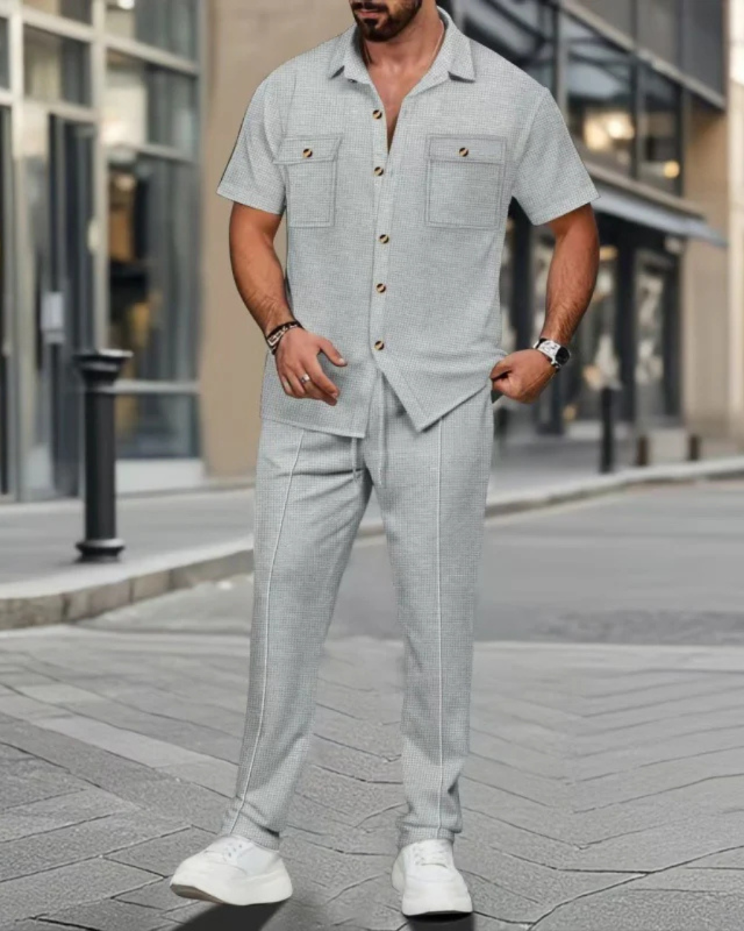 Conjunto casual de duas peças em algodão e linho