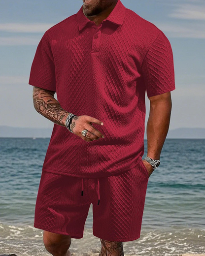 Conjunto de polo e calções em tecido respirável com textura para homem
