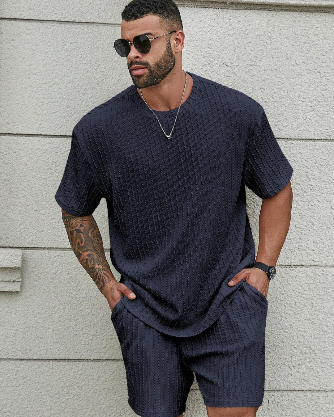 Conjunto casual de camisola de manga curta e calções para homem