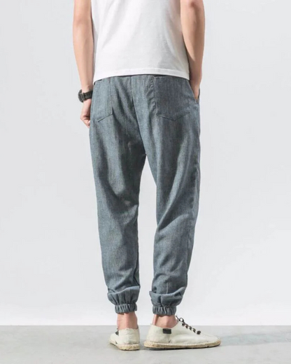 Calças estilo jogger de linho com cintura ajustável