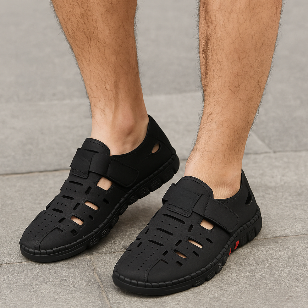 Sandálias de couro de biqueira fechada para homem com design de biqueira oca