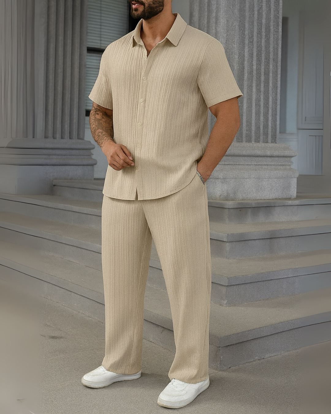 Conjunto de camisa casual e calças frescas para homem