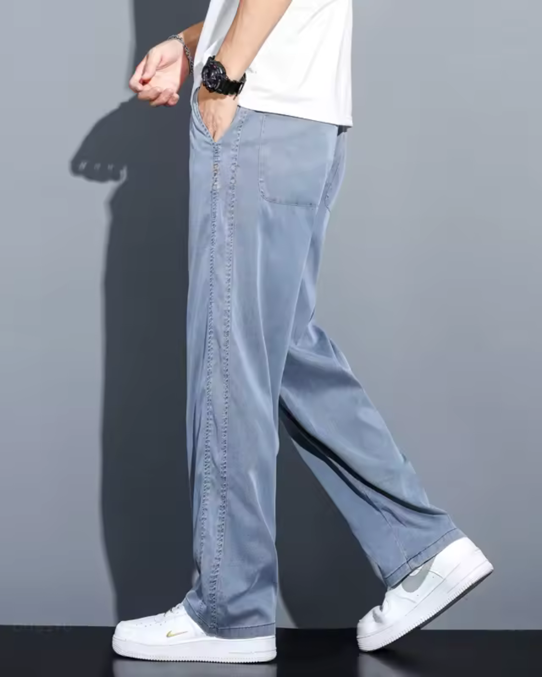 Calças casuais leves de perna larga para homem