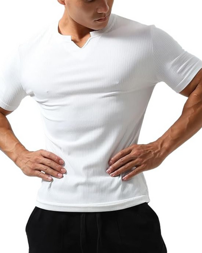 Camisola desportiva de manga curta, folgada, em algodão com decote em V, para homem