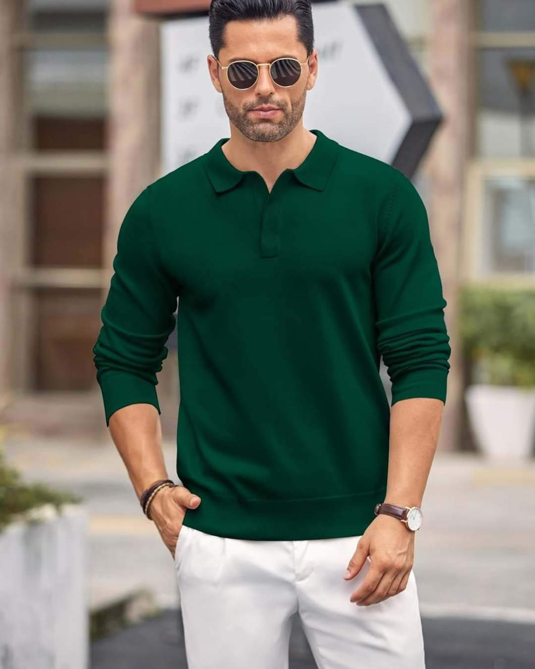Polo de manga comprida casual para homem