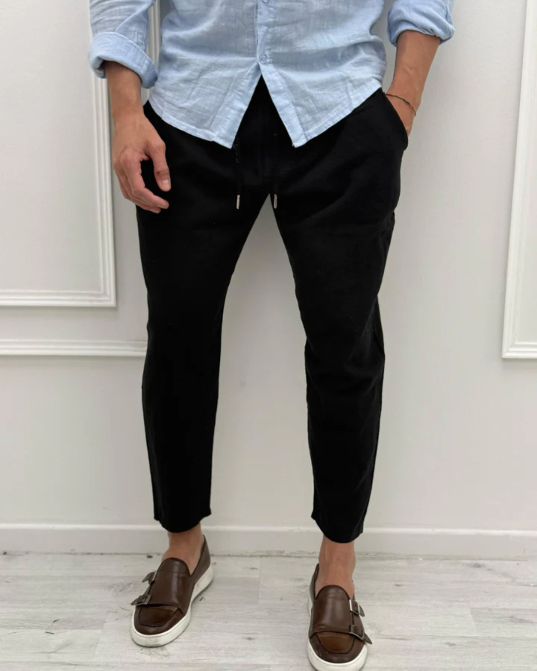 Conjunto de linho para homem com camisa de gola mao e calças jogger