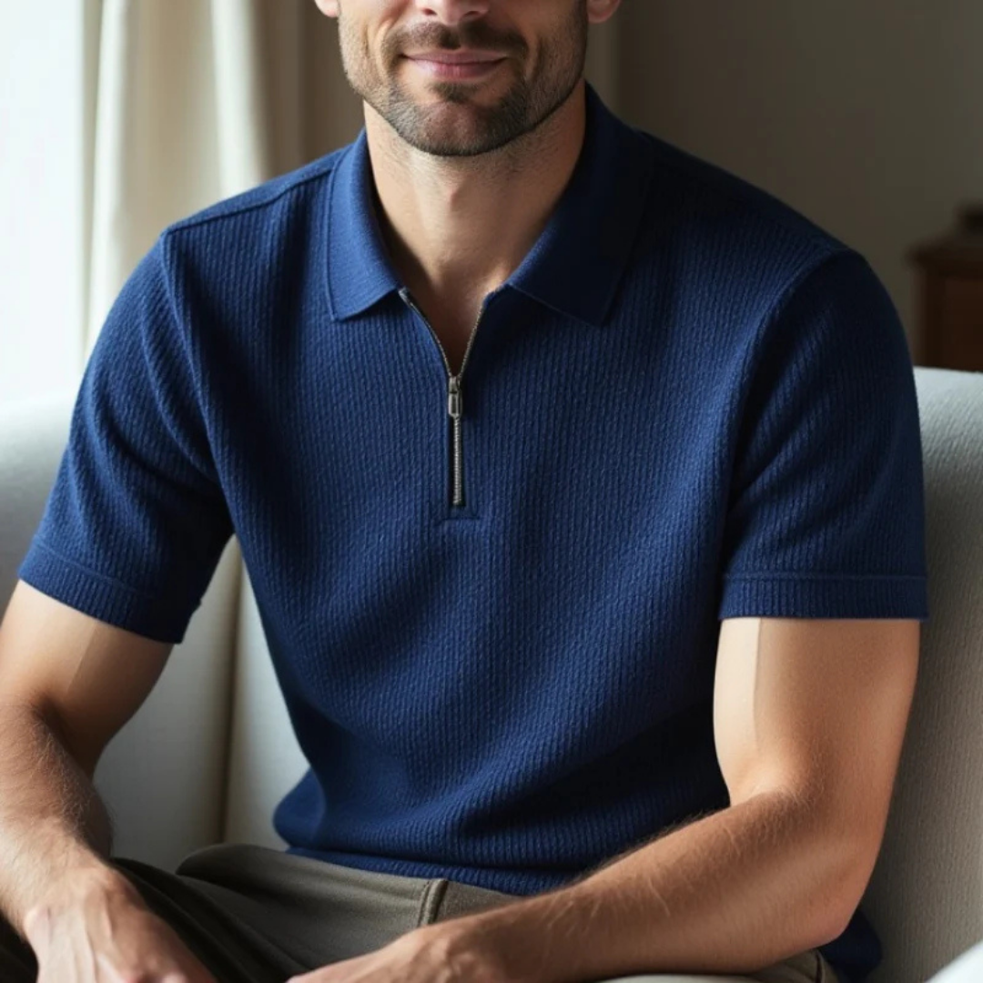 Camisa Pólo Casual de Algodão com Fecho de Correr à Frente e Gola Clássica